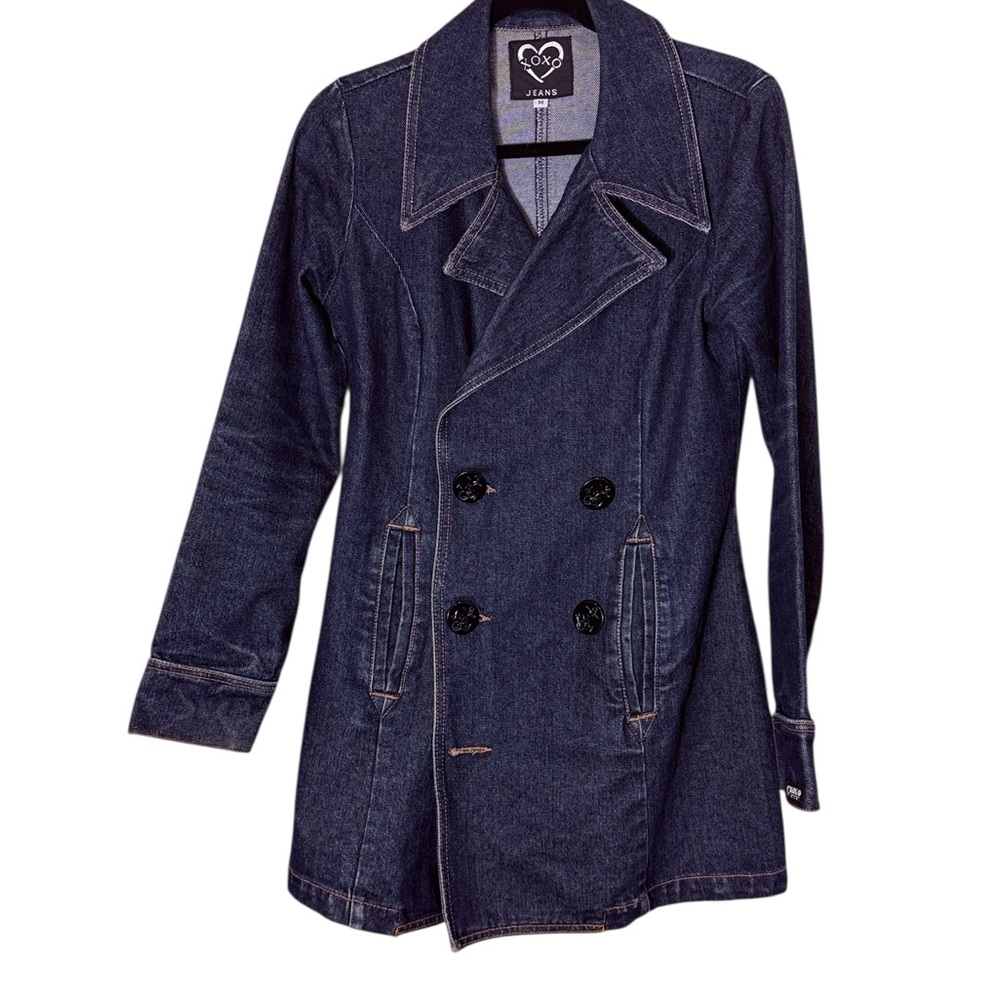 XOXO Vintage Dark Blue Double Breasted Denim Cotton Nautical Peacoat Jacket sz M
